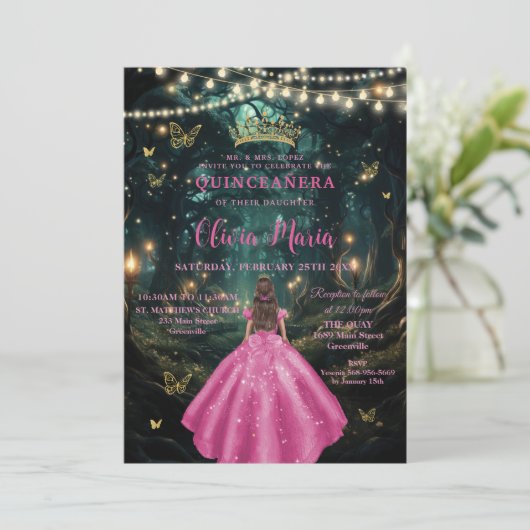 Invitation Forêt enchantée Fuchsia Robe rose XV Quinceañera (Debout devant)