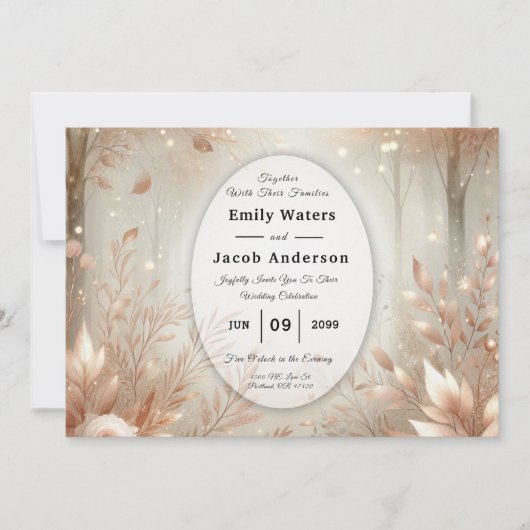 Invitation Forêt Enchantée Mariage Rose Bois Doré (Devant)