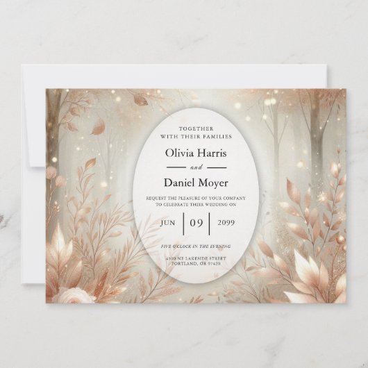 Invitation Forêt Enchantée Mariage Rose Bois Doré (Devant)