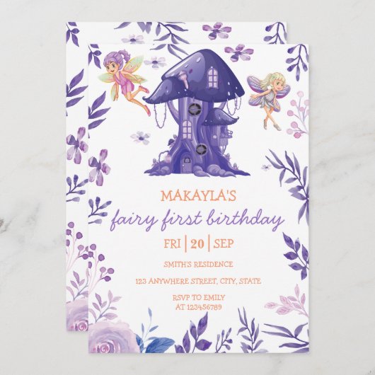 Invitation Forêt enchantée Mauve Fée Floral Girl Anniversaire (Devant / Derrière)