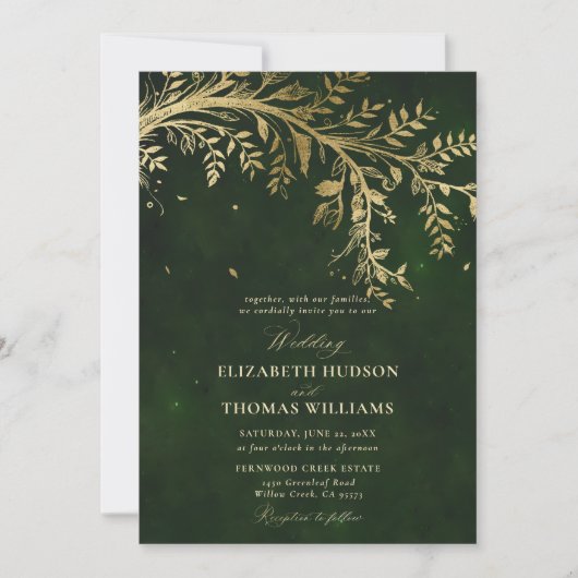 Invitation Forêt Enchantée Or Chasseur Branche Vert Mariage (Devant)