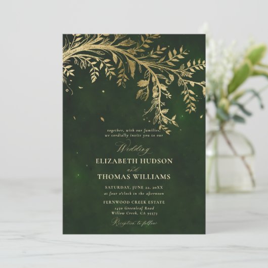 Invitation Forêt Enchantée Or Chasseur Branche Vert Mariage (Debout devant)