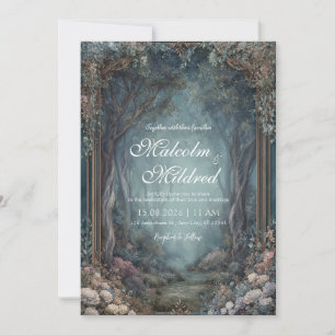 Invitation Forêt Enchantée Ornée d'Or Floral Bleu Vert Mariag