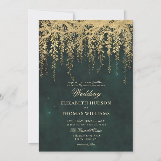 Invitation Forêt enchantée pendage Mariage de verdure or (Devant)
