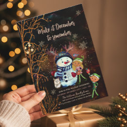 Invitation Forêt Enchantée Snowman Elfes Or Noir