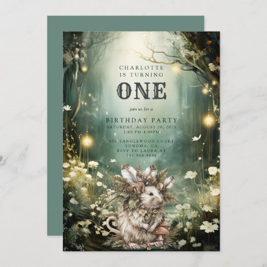 Invitation Forêt enchantée Souris 1er anniversaire (Devant / Derrière)