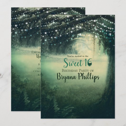 Invitation Forêt Enchantée Vert Bleu Lumières Douce Fête 16 (Devant / Derrière)