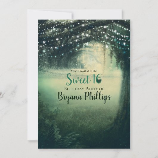 Invitation Forêt enchantée Vert Bleu Lumières Sweet 16 Party (Devant)