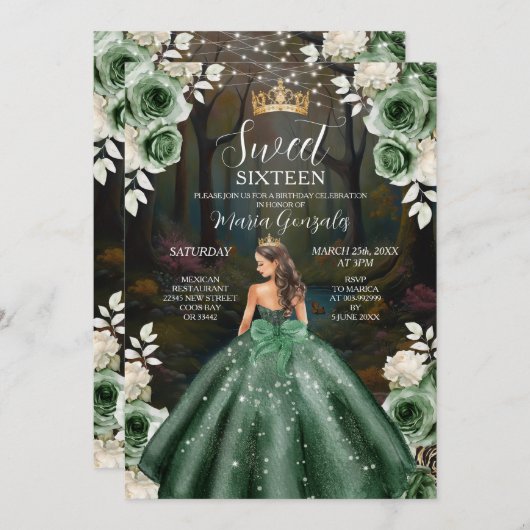 Invitation Forêt enchantée vert émeraude Sweet sixteen (Devant / Derrière)