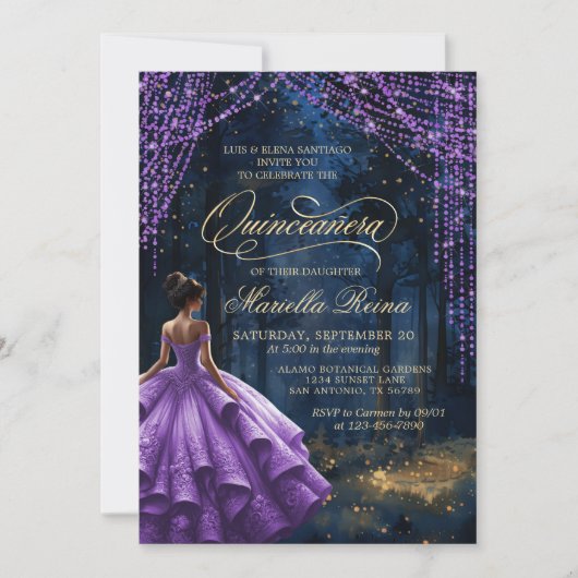 Invitation Forêt enchantée violet lavande Quinceañera (Devant)