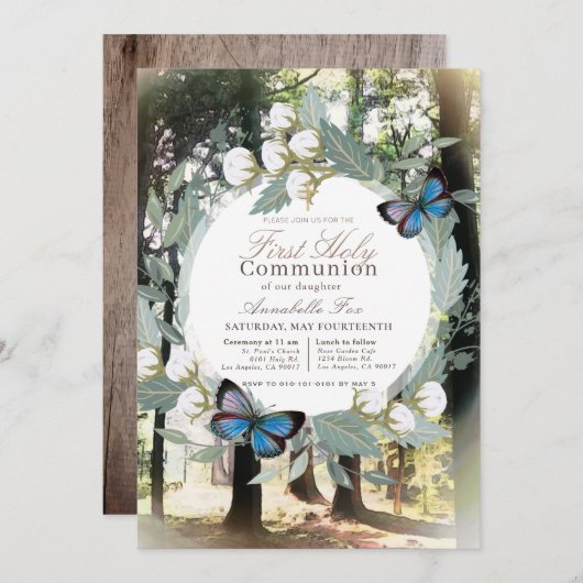 Invitation Forêt Enchantée Whimsical Première Communion Saint (Devant / Derrière)