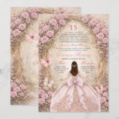 Invitation Forêt espagnole Papillon Rose & Or Douce 15 Ans (Devant / Derrière)