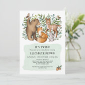 Invitation Forêt Fable Bois Animaux Jumeaux Baby shower (Debout devant)