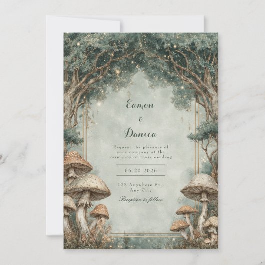 Invitation Forêt Fantaisiste Champignon Arche Dorée Mariage (Devant)