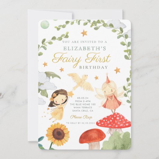 Invitation forêt Fée Premier anniversaire Champignons Woodlan (Devant)