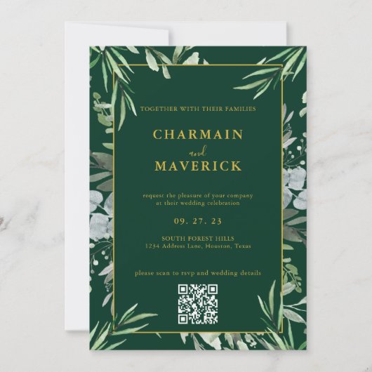 Invitation Forêt foncée Vert Minime Bordure Texte Or Mariage (Devant)