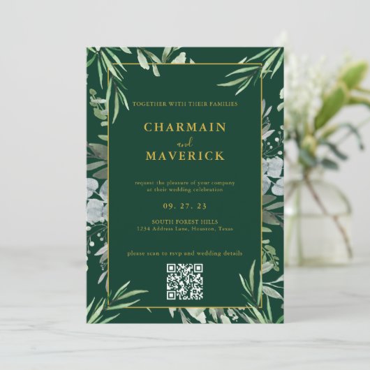 Invitation Forêt foncée Vert Minime Bordure Texte Or Mariage (Debout devant)