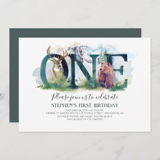 Invitation Forêt forestière Animaux 1er anniversaire Invitati (Devant / Derrière)