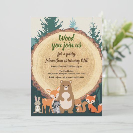 Invitation Forêt forestière Animaux coupés bois 1er anniversa (Debout devant)