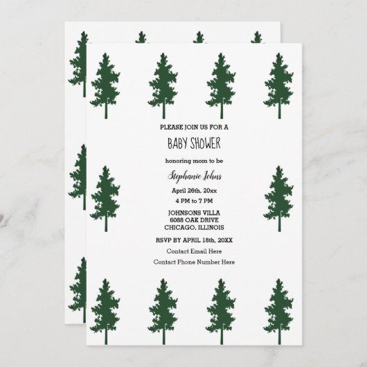 Invitation Forêt forestière arbres verts Baby shower mignon (Devant / Derrière)