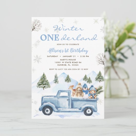 Invitation Forêt forestière Camion bleu ONE derland 1er anniv (Debout devant)