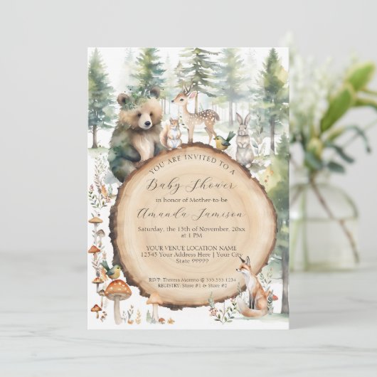 Invitation Forêt Forêt Bois Mignons Animaux Ours Cerf Baby sh (Debout devant)