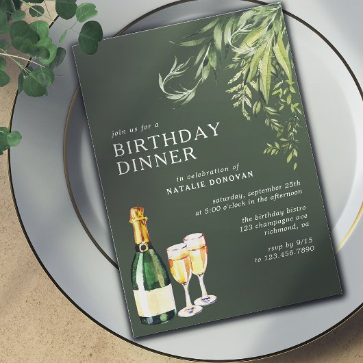 Invitation Forêt Green Moss Moderne Champagne Dîner d'anniver
