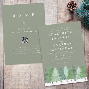 Invitation Forêt hivernale moderne Code QR Vert sauge Mariage