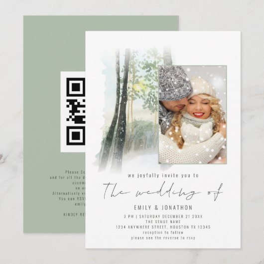 Invitation Forêt hivernale Photo QR Code Mariage Sage (Devant / Derrière)