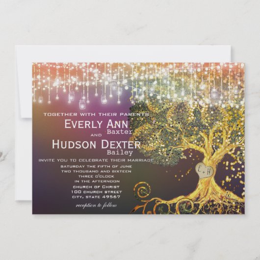 Invitation Forêt Mason Jar Fairytale Violet et Mariage d'or (Devant)