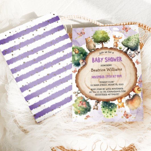 Invitation Forêt Mette Animaux Aquarelle Bébé fille Douche