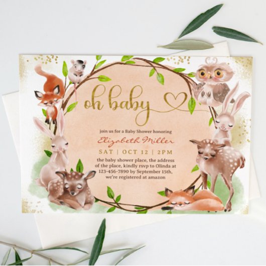 Invitation Forêt mignonne Bois animal Oh bébé fille douche
