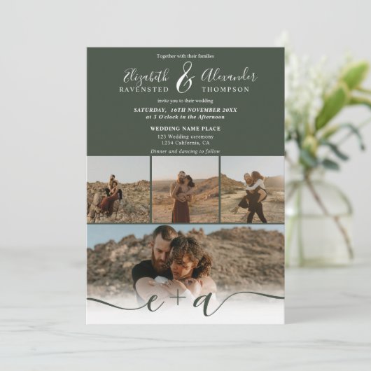 Invitation Forêt moderne vert chic 5 Photos script mariage (Debout devant)
