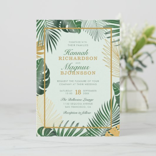 Invitation Forêt moderne Vert Tropical Feuille Mariage modern (Debout devant)