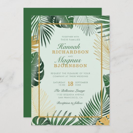 Invitation Forêt moderne Vert Tropical Feuille Mariage modern (Devant / Derrière)