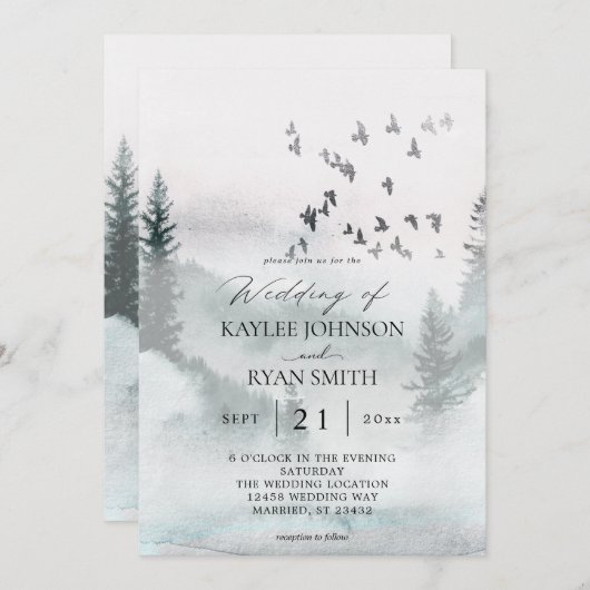 Invitation Forêt naturelle et Mariage d'oiseaux (Devant / Derrière)
