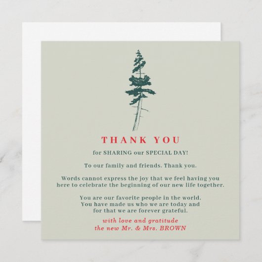 Invitation Forêt Pin Indie Vert Rouge Boho Rustique merci (Devant / Derrière)