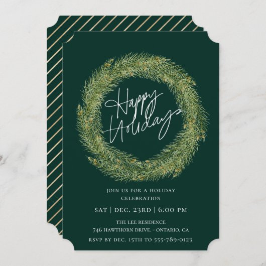 Invitation Forêt Pin Wreath Emerald Fête (Devant / Derrière)