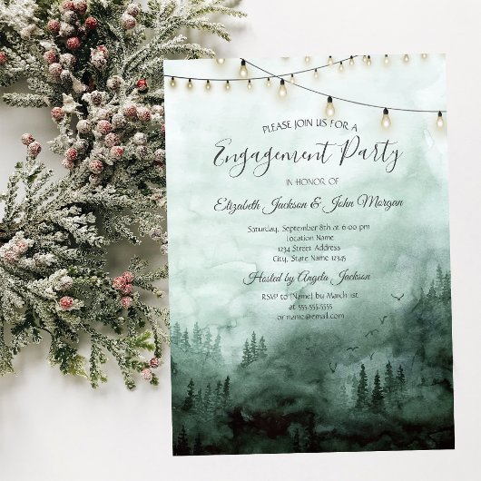 Invitation Forêt, Pins, Guirlandes Lumineuses Vertes Fiançail