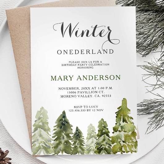 Invitation Forêt Pins Hiver Onederland Anniversaire