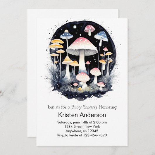 Invitation Forêt rose mignonne Magique Champignons Baby showe (Devant / Derrière)