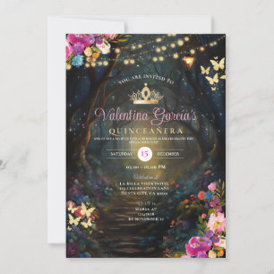 Invitation Forêt rose Quinceañera 15 Anos Fleurs Or