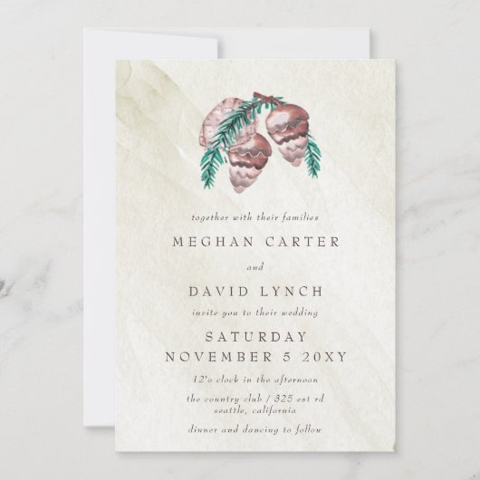 Invitation Forêt Rustique D'Hiver Bois Pine Cône Mariage Dans (Devant)