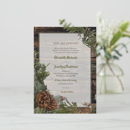 Invitation Forêt rustique Mariage Bois foncé Bouton À feuilla (Debout devant)