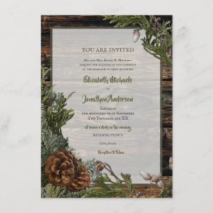 Invitation Forêt rustique Mariage Bois foncé Bouton À feuilla