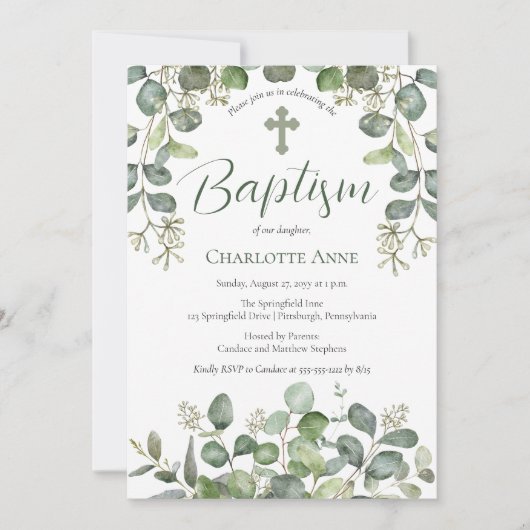 Invitation Forêt | Sage Green Semé Eucalyptus Baptême (Devant)