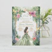Invitation Forêt Sage Vert Robe Rose Fleurs 15 Mis Quince (Debout devant)