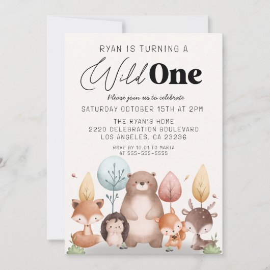 Invitation Forêt sauvage d'une mignonne Bois Animaux Annivers (Devant)