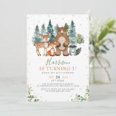 Invitation Forêt verdoyante Bois Animaux 1er anniversaire (Debout devant)