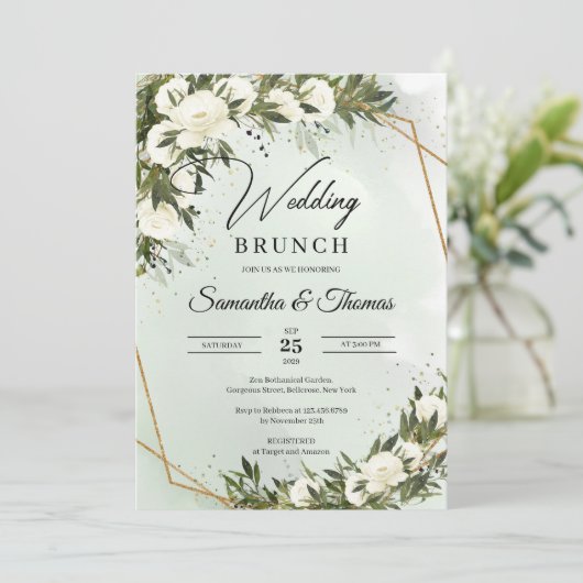 Invitation Forêt vert olivier feuillage or mariage brunch (Debout devant)